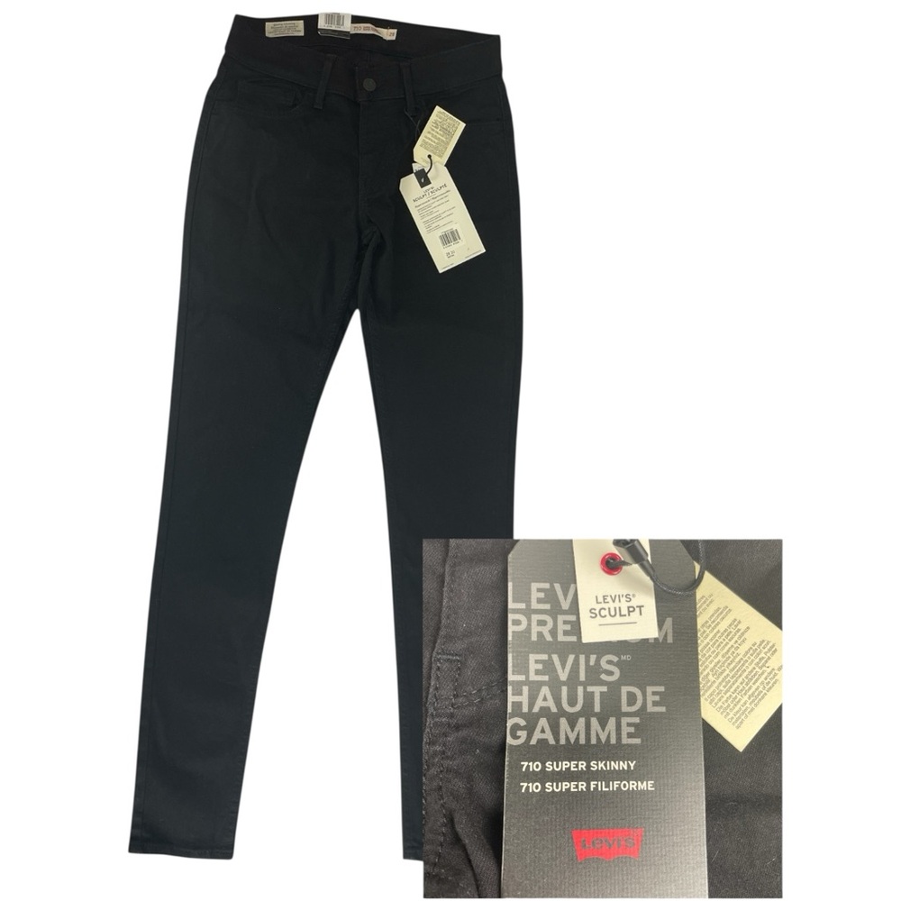 Levi's 710 Womens Super Skinny Mid Rise Hyperstretch Black Denim Jeans Size 28